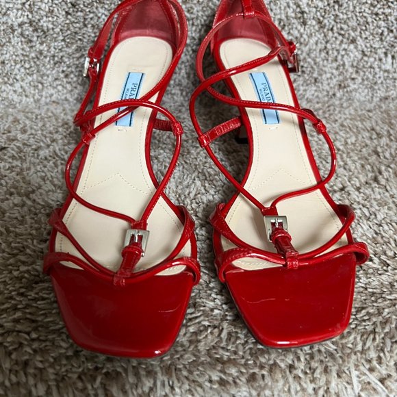 Prada Women's Red Patent Leather Strap Shoes. - Picture 3 of 13